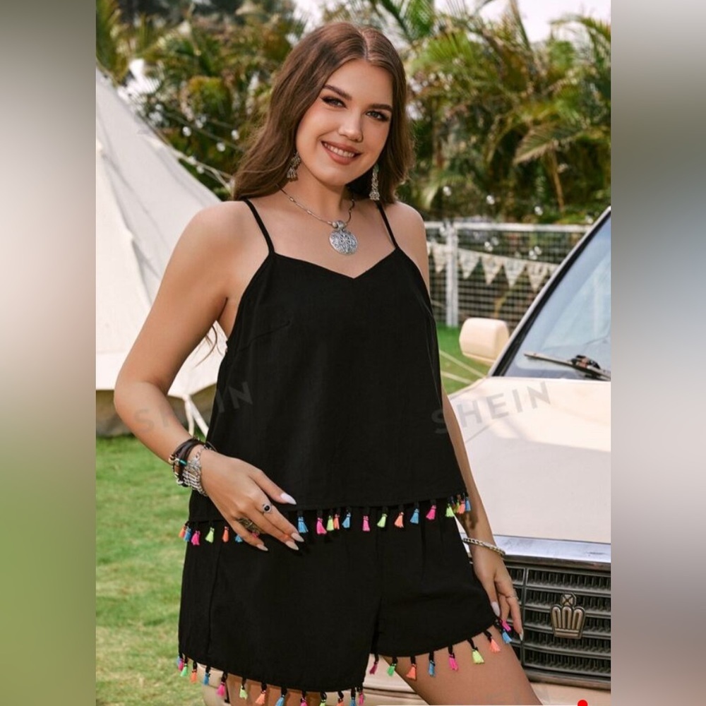 ❤️🌼NWT SHEIN VCAY Plus Tassel Trim Cami Top & Shorts